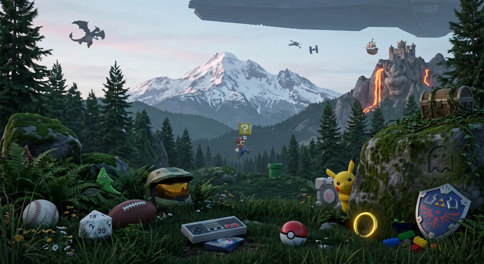 A forest scene scattered with cards, games and collectibles