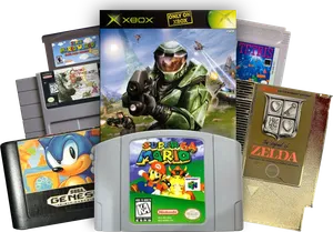 Retro game cartridges and an Xbox game case