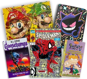 A comic book, a painting, a Goosebumps book, a VHS tape and a card binder