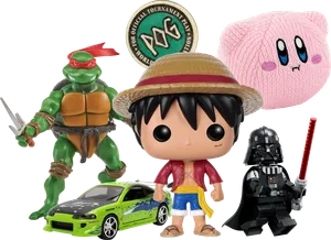 Action figures, a Funko POP!, a LEGO figure, a plush and a die-cast car